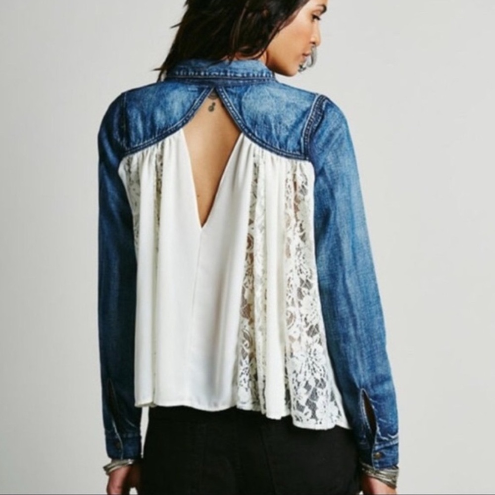 Free People denim + lace flowy top